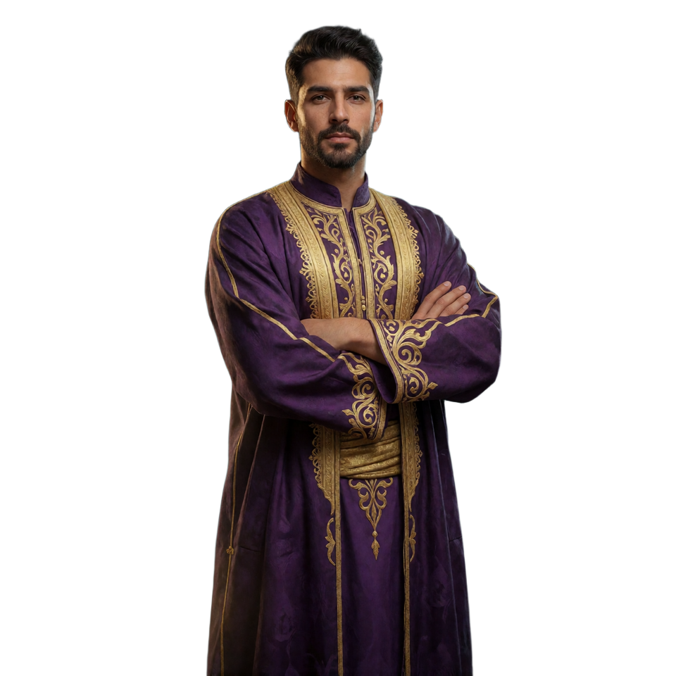 VIP-Mitglied in orientalischer Robe neben f&uuml;nf leuchtenden Fortschrittszeichen des Alawin Treueprogramms