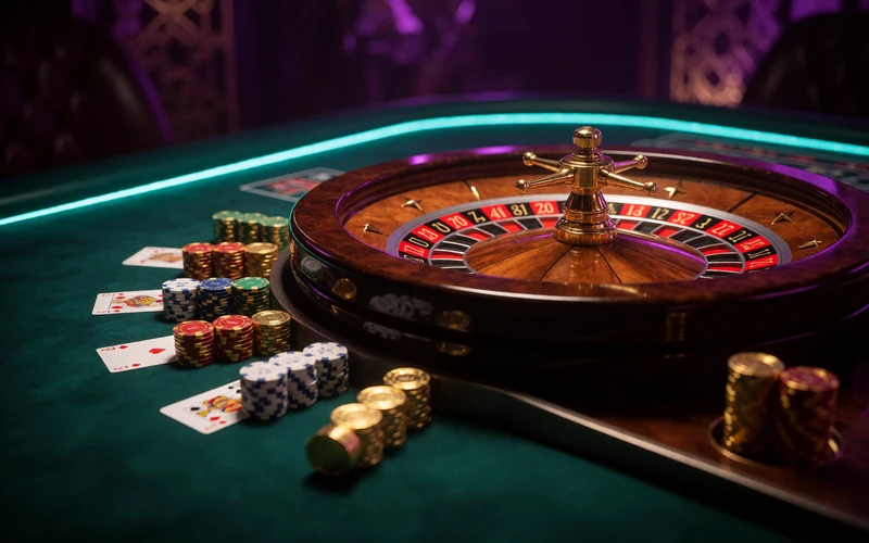 Live-Casino-Tisch mit Roulette, Karten und Gold-Chips im Alawin Live Casino