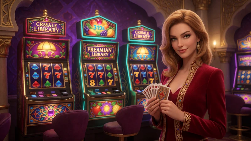 Blonde Spielerin vor drei Slot-Automaten als Vorschau auf Casino Spiele bei Alawin
